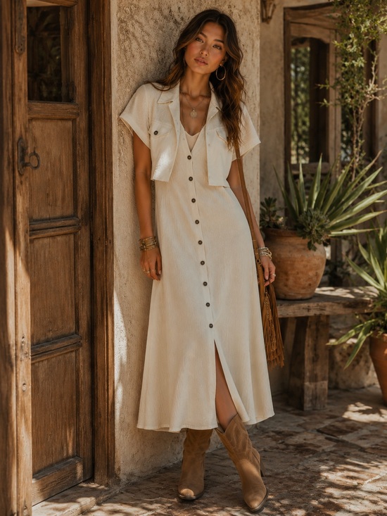 Mascara Dresses & Skirts - Linen blend Y2K white button down dress with faux cropped blazer 90s vintage
